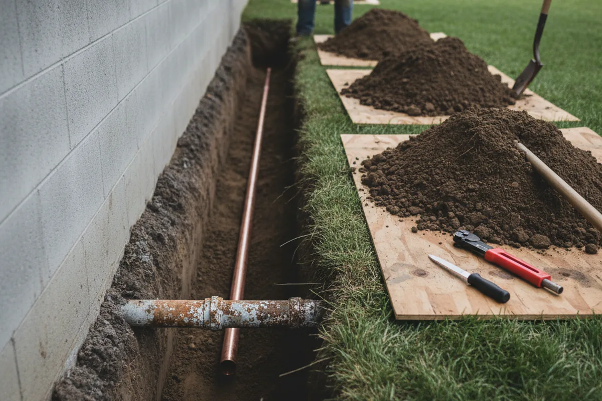 Excavated water line trench during Sewer Line Repair in Macedonia